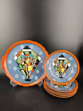 Art Deco T & T DECO Cake Plate & Matching Plates Set 6 Japan Takita Painted